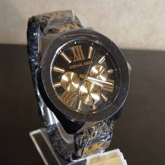 Michael Kors Black and Gold Chronograph MK Initials Womens Watch - Picture 1 of 9